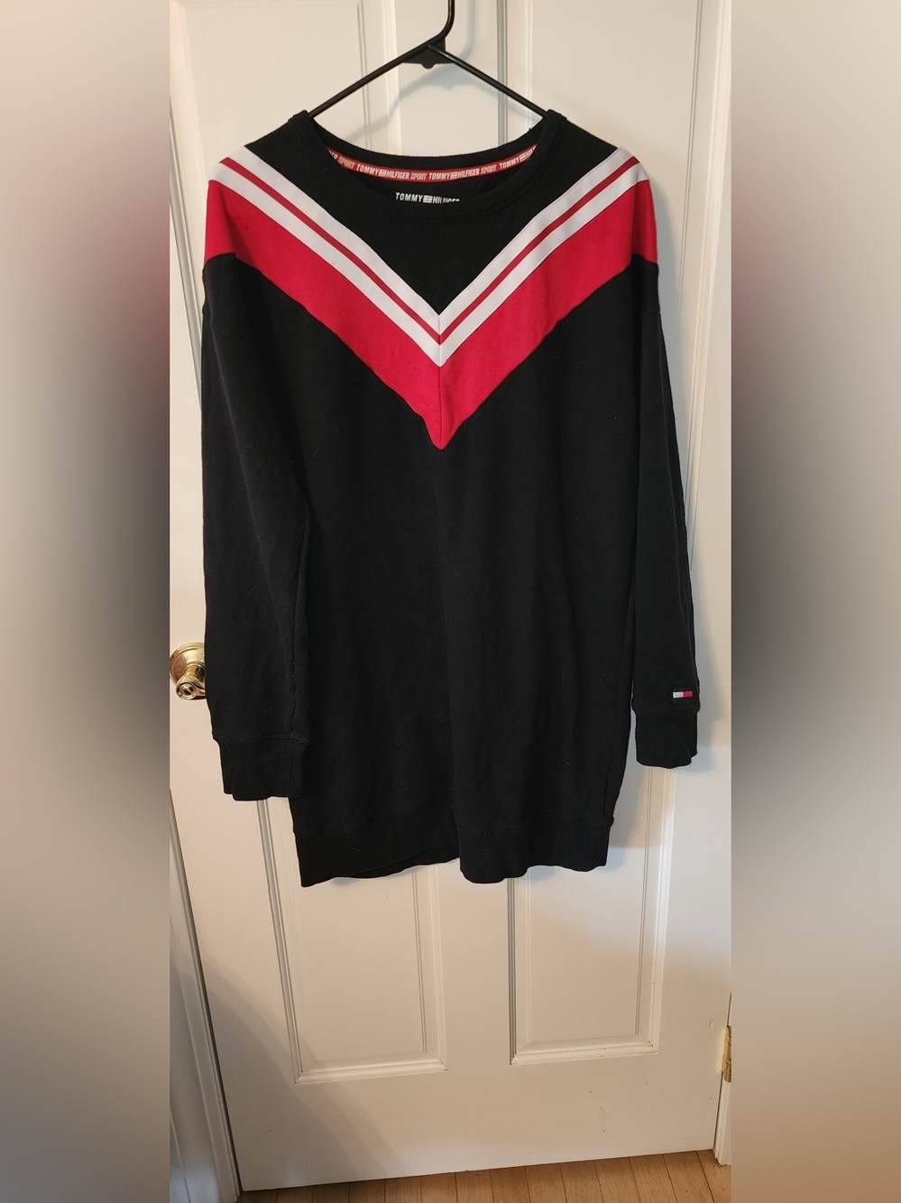 Tommy Hilfiger Black Crewneck Sweater with Red & White V-Stripe